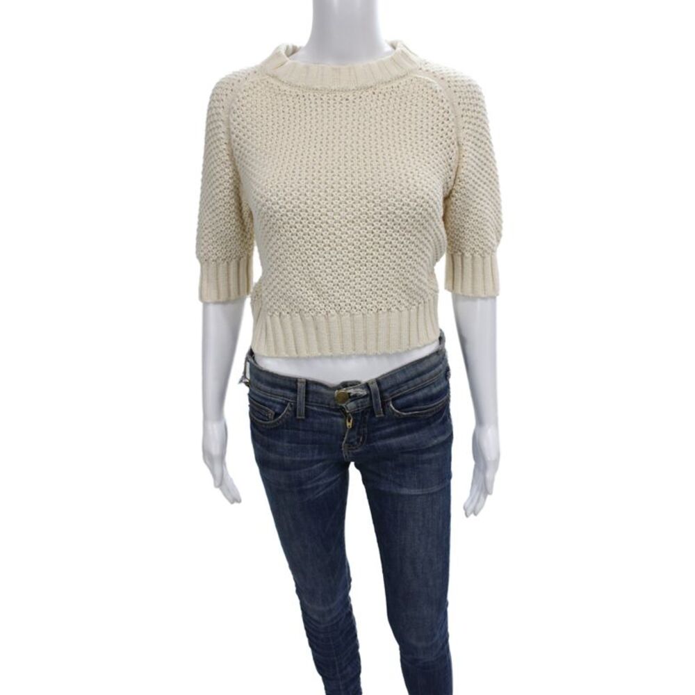 G. Unisex Crew Neck Short Sleeve Cotton Pullover Sweater Beige Button Size L